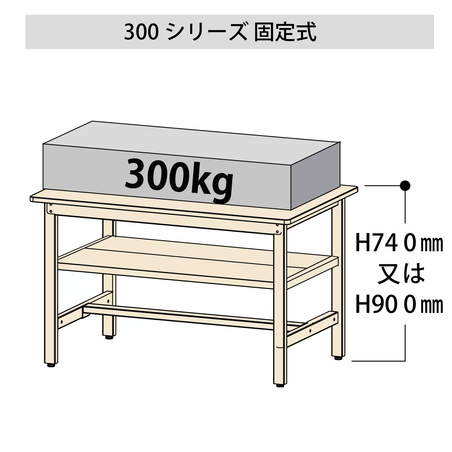 300シリーズ 固定式 中間棚付 H740mm（上段全面棚板）
